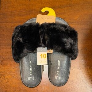 Primark Fuzzy Black Sandals Slippers Size 10 New